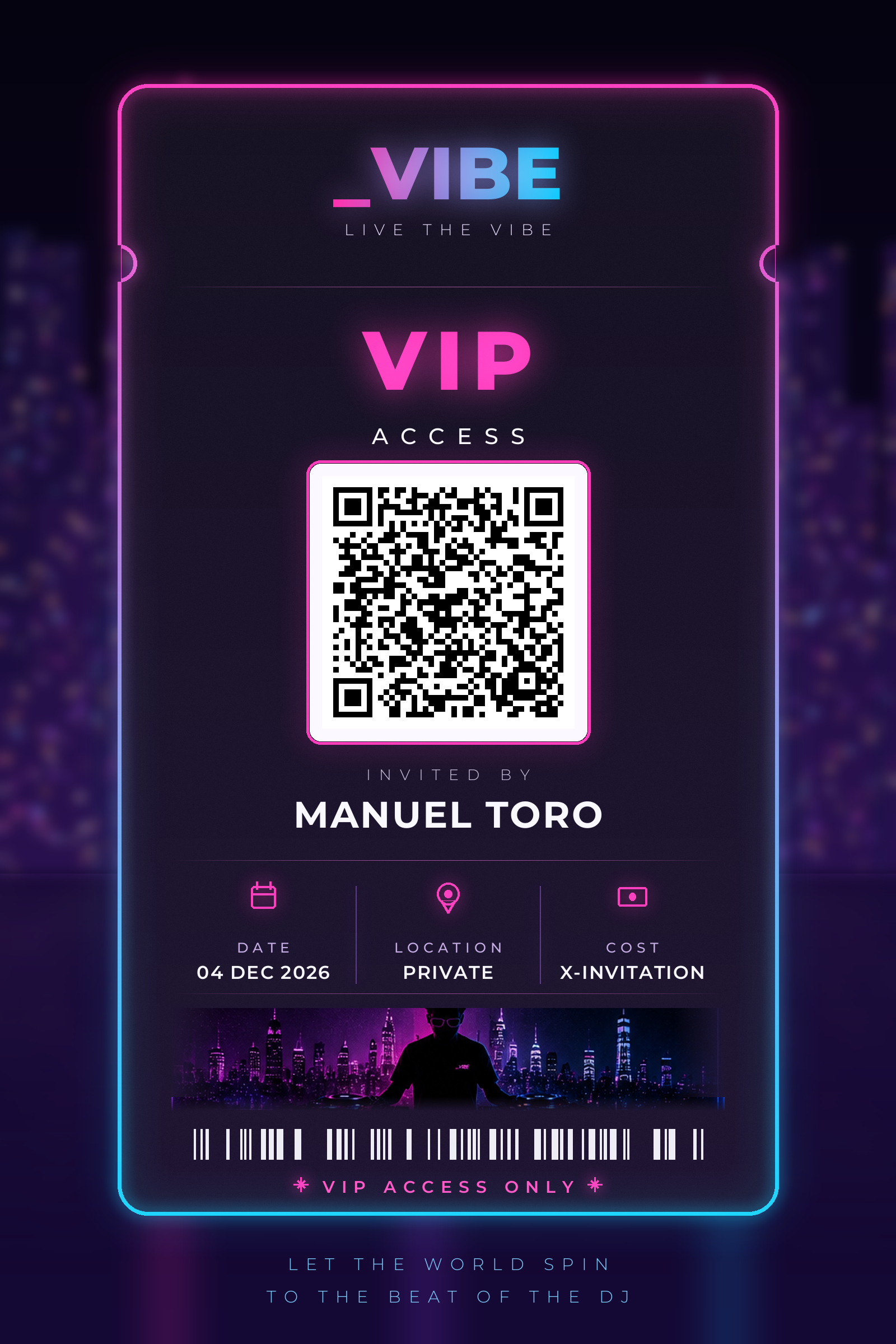 Entrada VIP de VIBE 03, con código QR y nombre del asistente