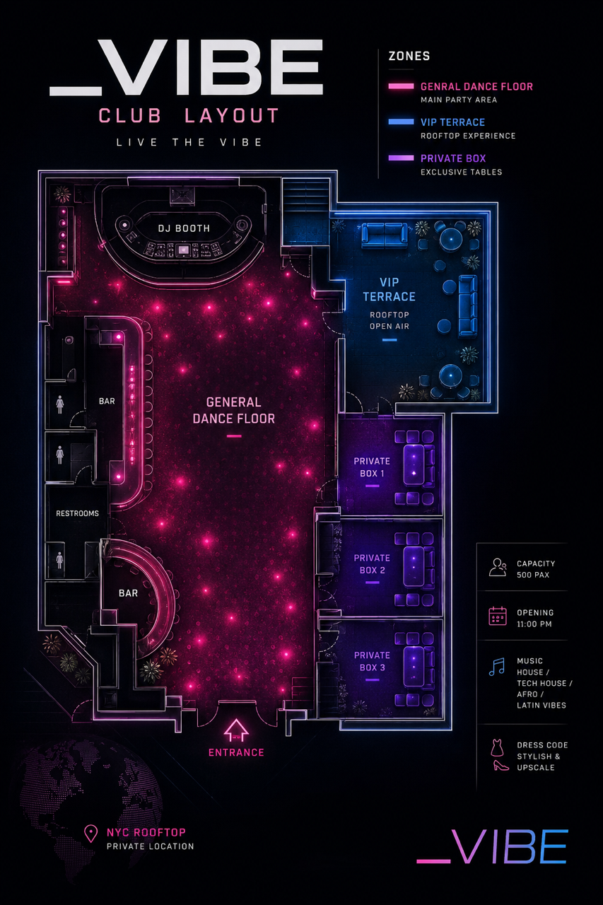 Plano del club VIBE 03: pista general, terraza VIP y palcos privados